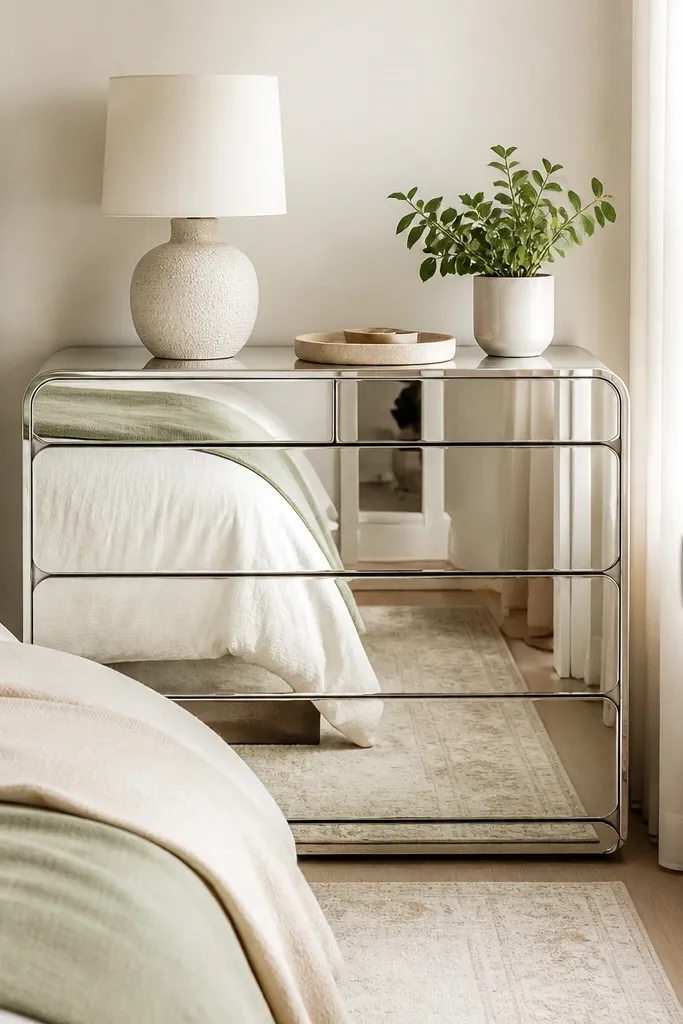 Small mirrored cabinet near bed with a tray and a muted lamp