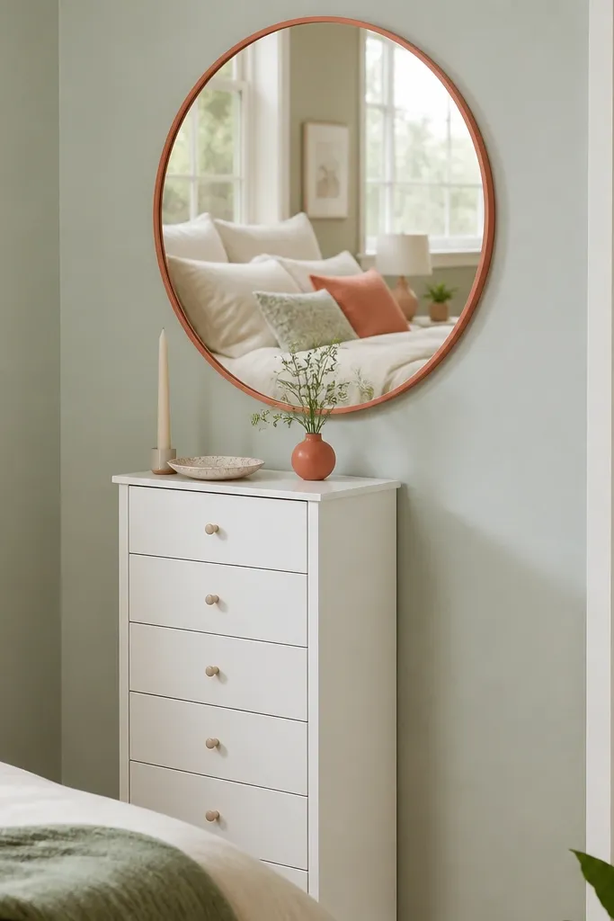 Round mirror with a muted coral frame above a slim dresser and neutral decor