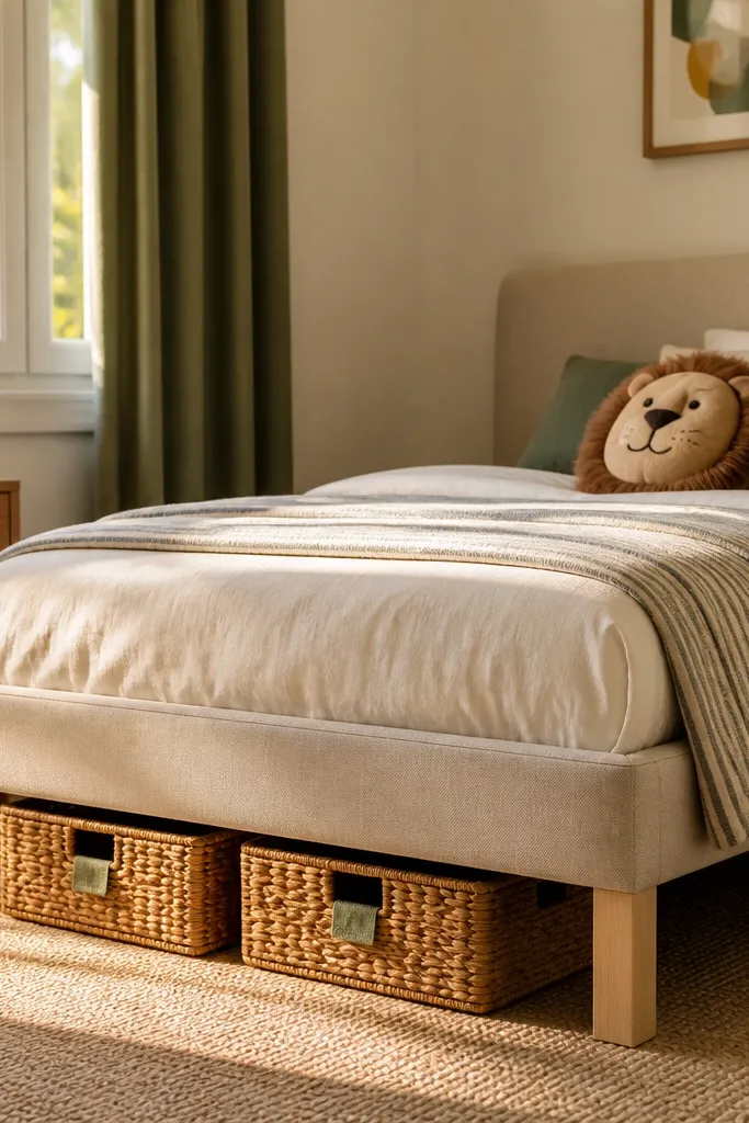 Woven baskets under bed with a fabric loop label and neutral bedding