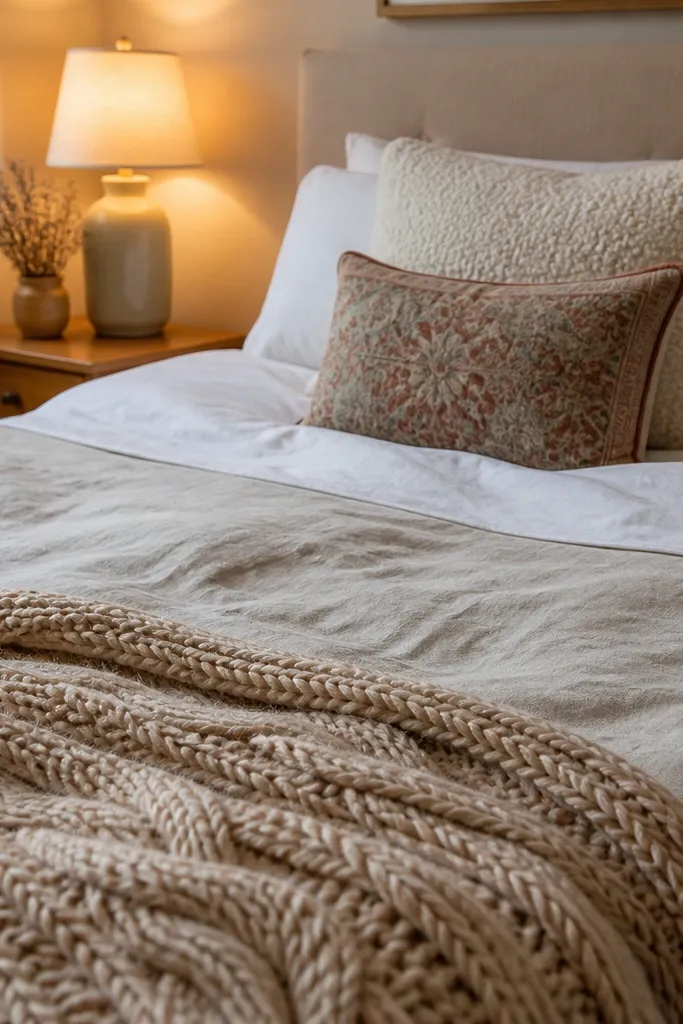 Chunky knit throw on bed with bouclé pillow in cream and one patterned accent