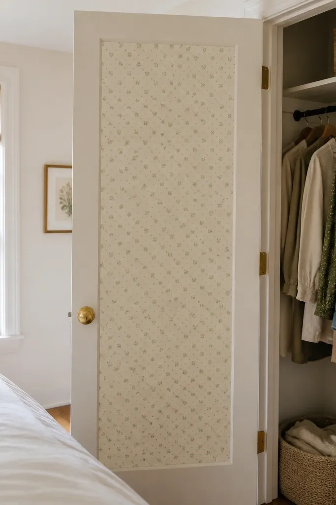 Patterned peel wallpaper inside closet door with neutral exterior and tidy shelving