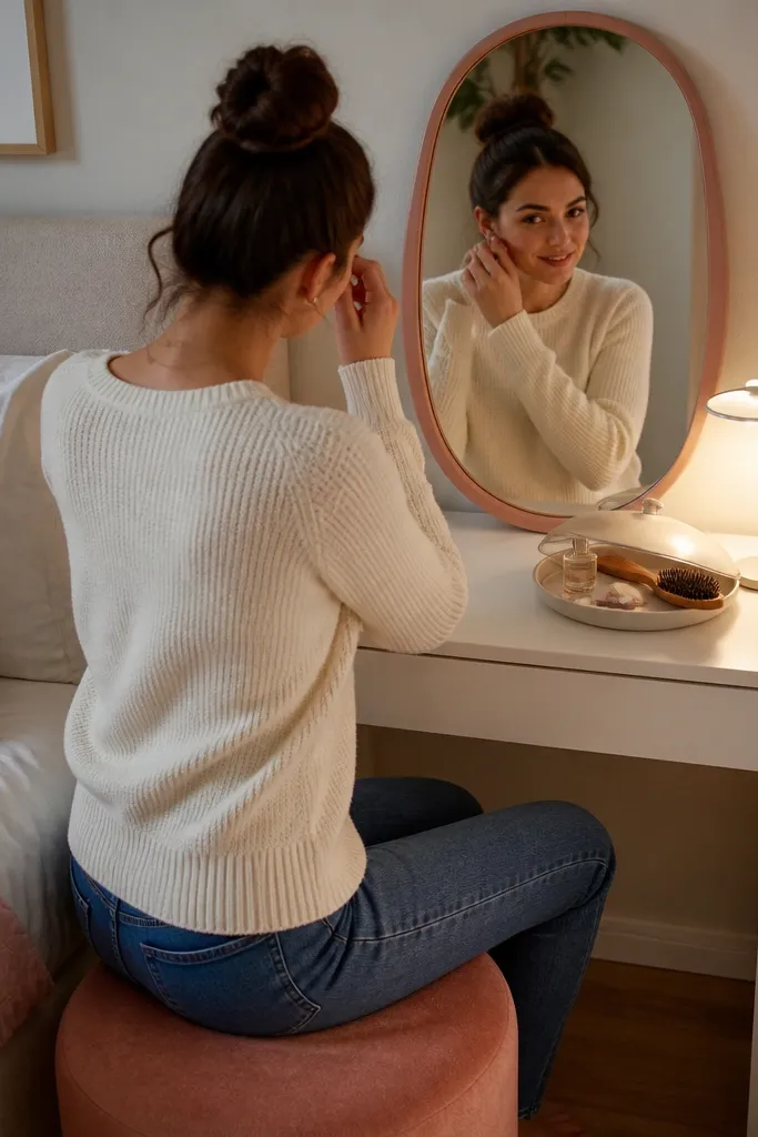 Small desk beside bed with curved mirror, tray, and minimal skincare items