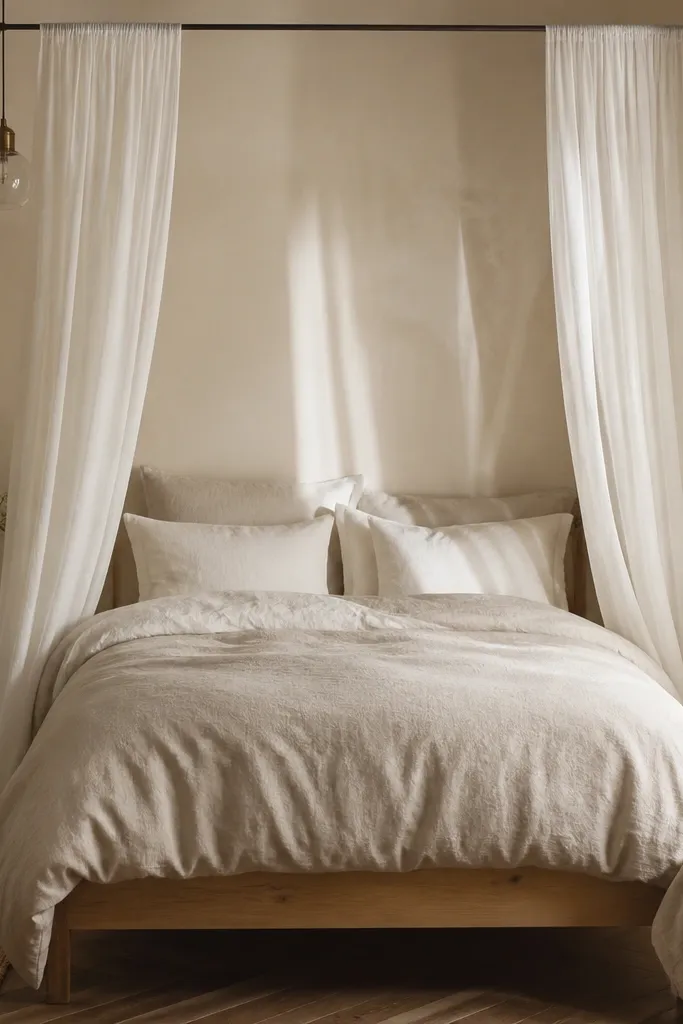 Sheer voile canopy above bed with soft drape and neutral bedding