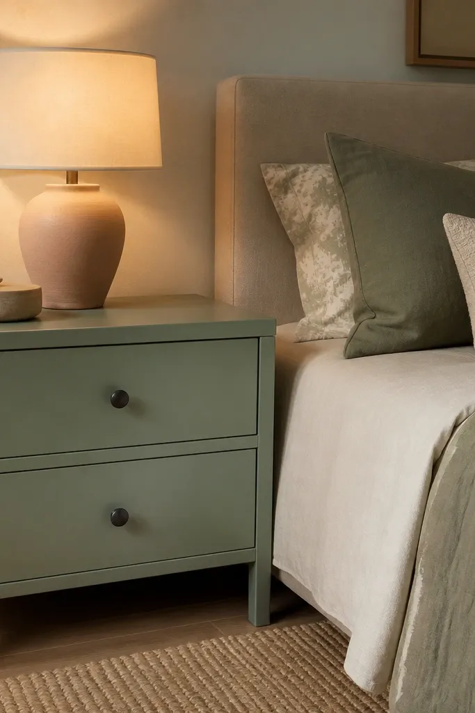 Light-colored nightstand with sage drawer and round pulls beside bed