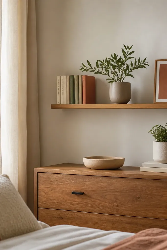 Floating ledge with a few books, small plant, and a small framed card