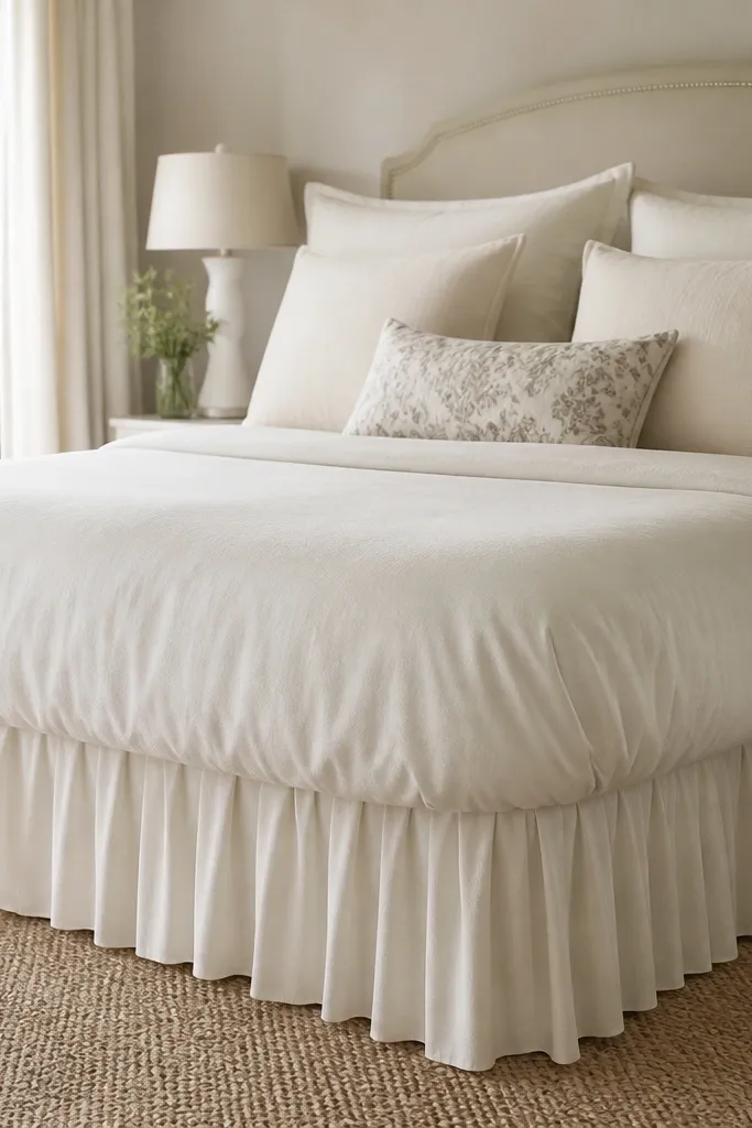 Soft pleated bed skirt in cream with tailored folds and neutral bedding