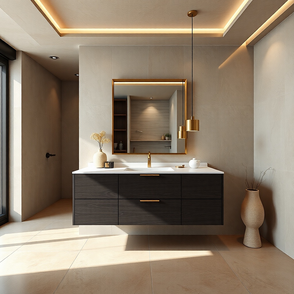 Charcoal floating vanity with white quartz top and brass bar pulls