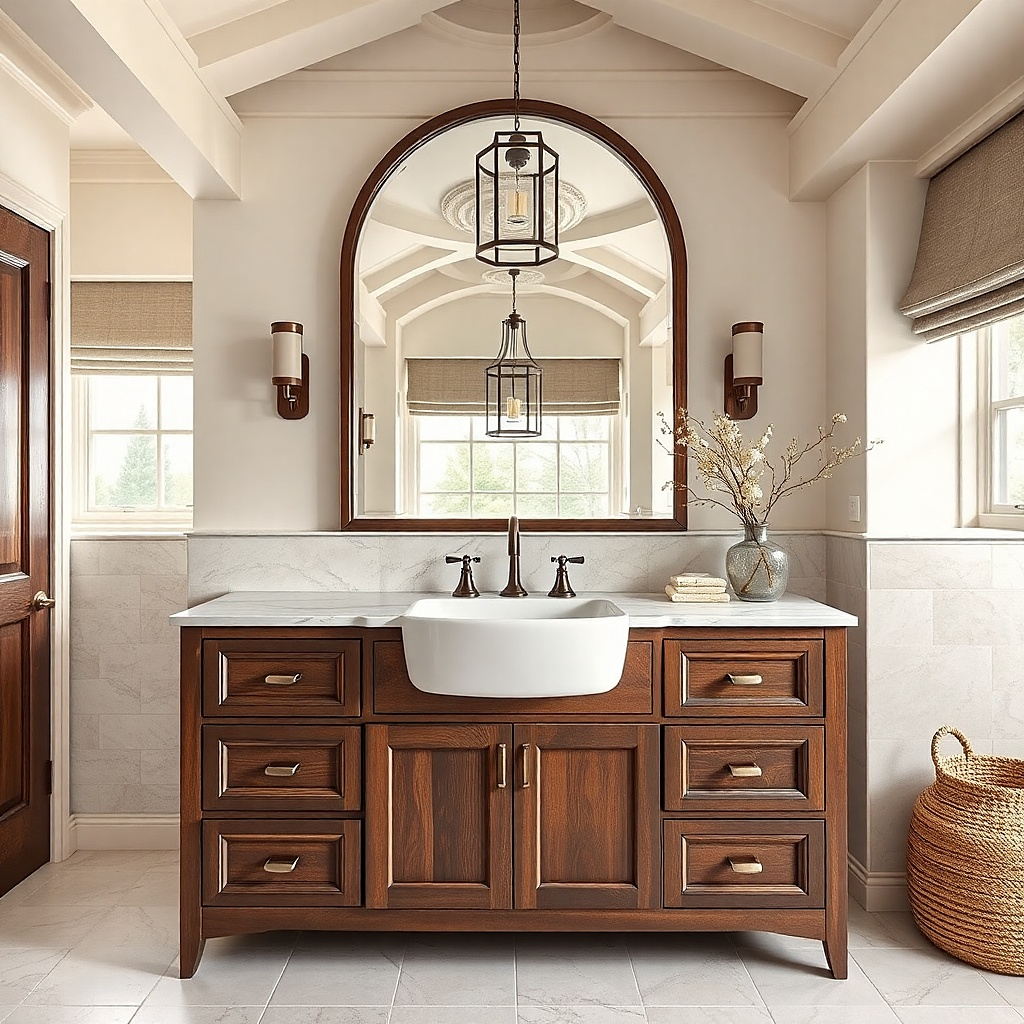 Deep espresso vanity with a warm greige stone countertop and dark bronze hardware