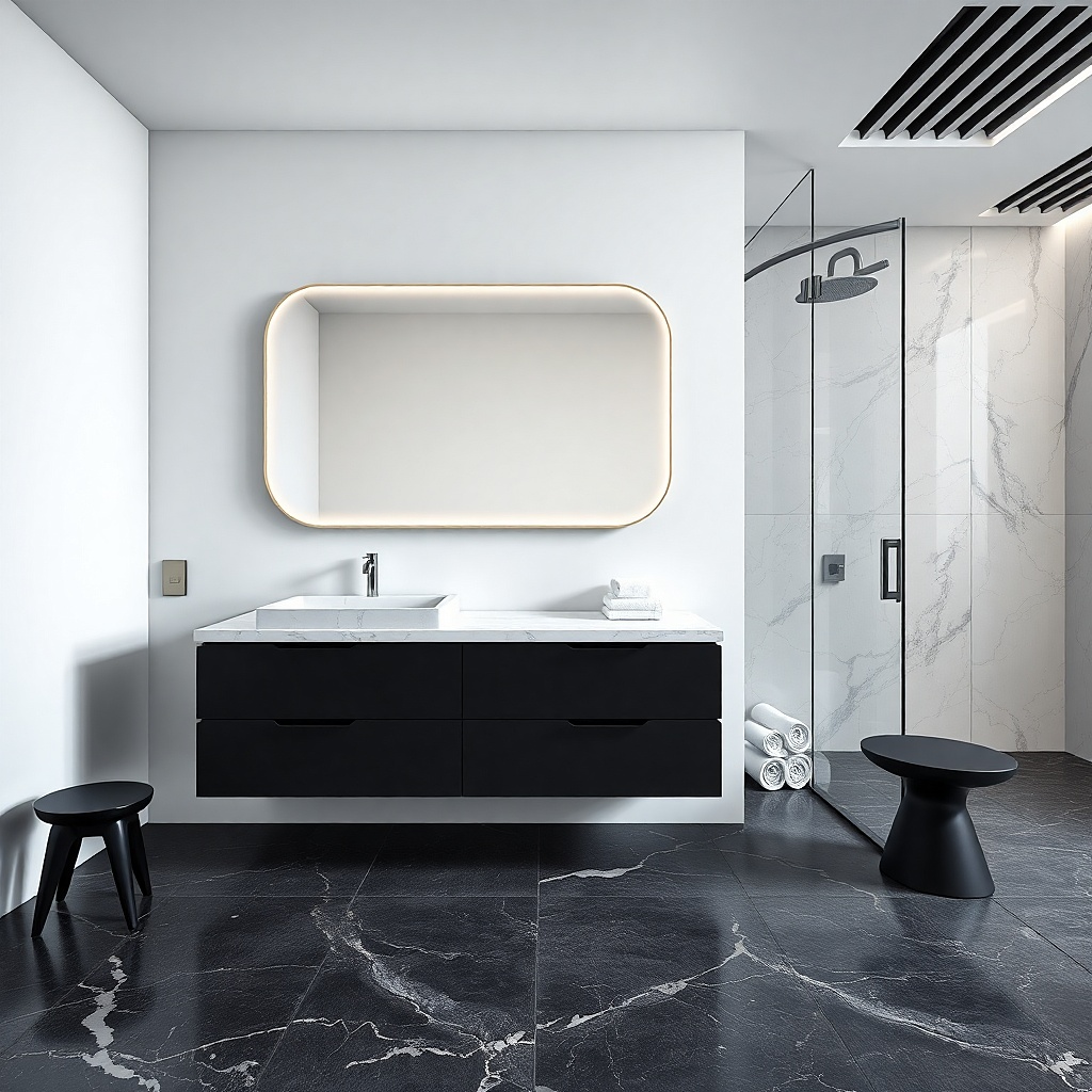 Matte black vanity with waterfall edge light marble and minimal chrome faucet