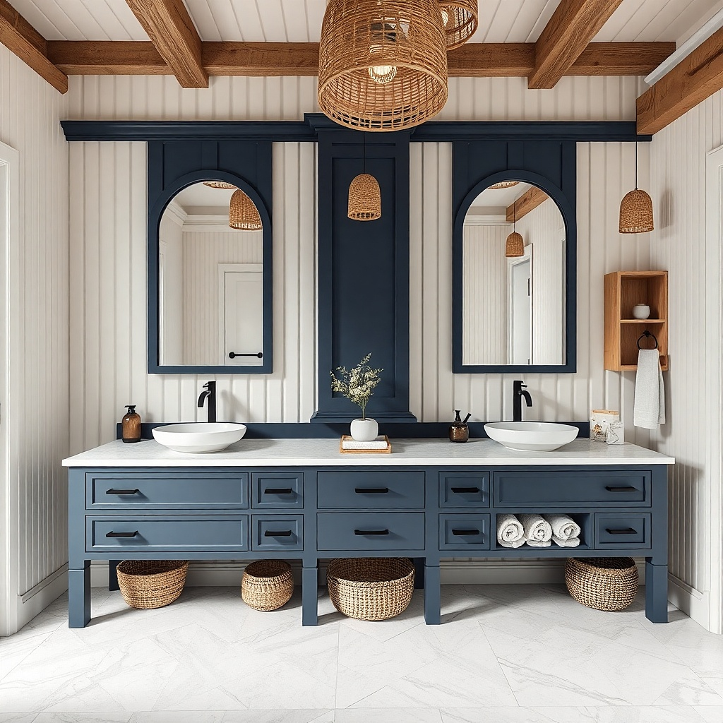 Navy shaker bathroom vanity with white oak shelving and black bar hardware