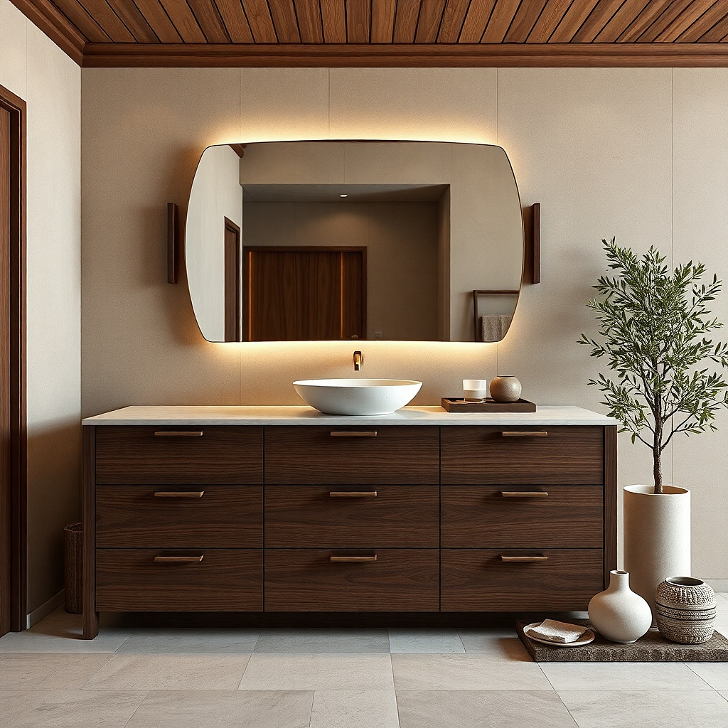 Dark walnut vanity paired with light travertine countertop and brushed brass fixtures