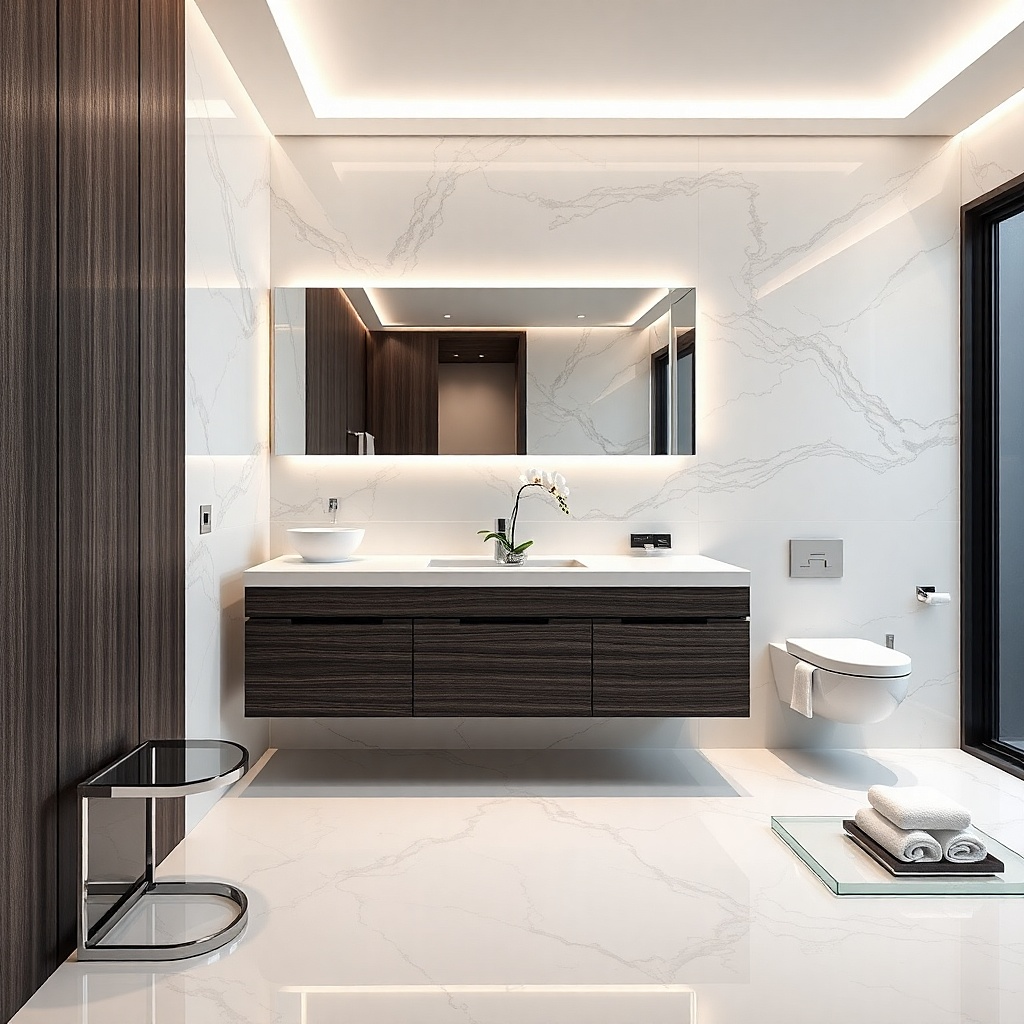 Black oak veneer vanity with glossy white top and chrome pulls