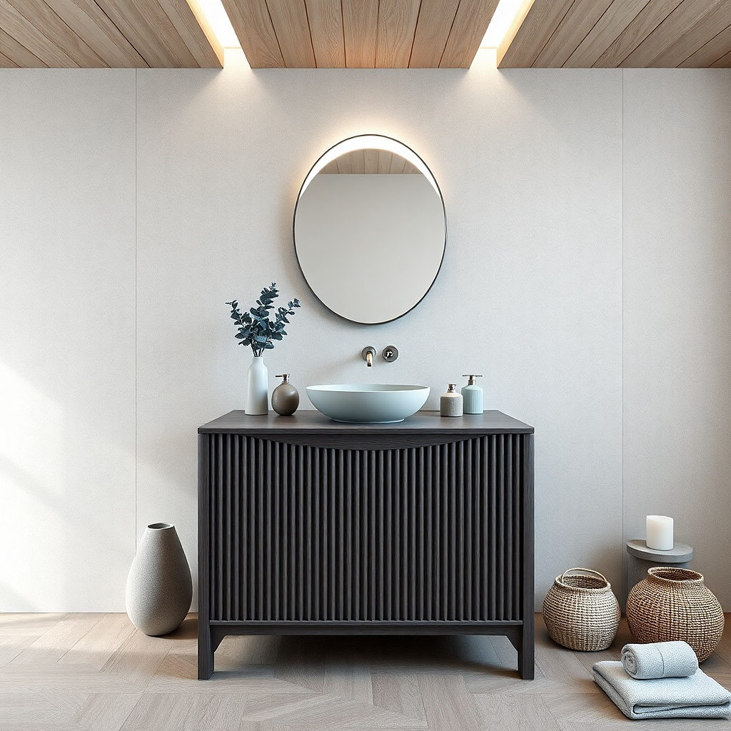 Dark gray vanity with pale blue-gray countertop and brushed nickel hardware
