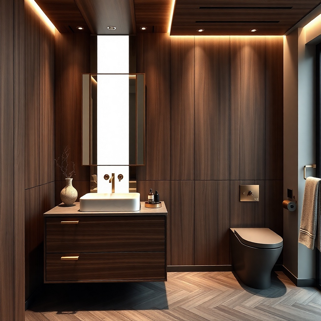 Wenge-style vanity with bright white quartz backsplash and dark bronze pulls