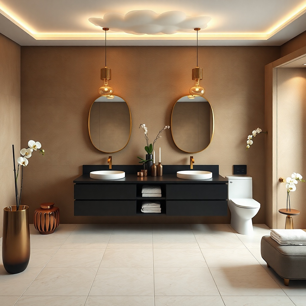 Floating double-sink black vanity with slim drawer lines and brass hardware