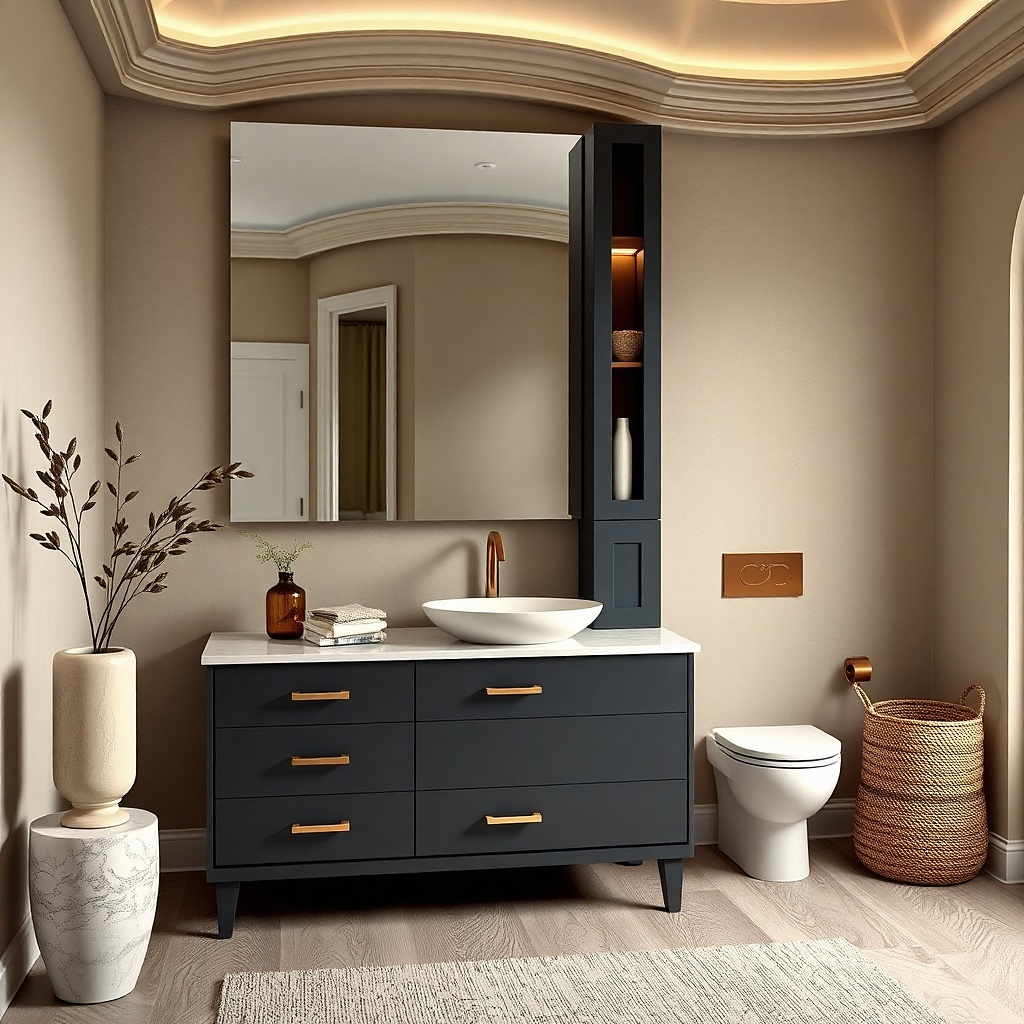 Deep charcoal vanity with a mirrored panel above drawers and warm brass pulls