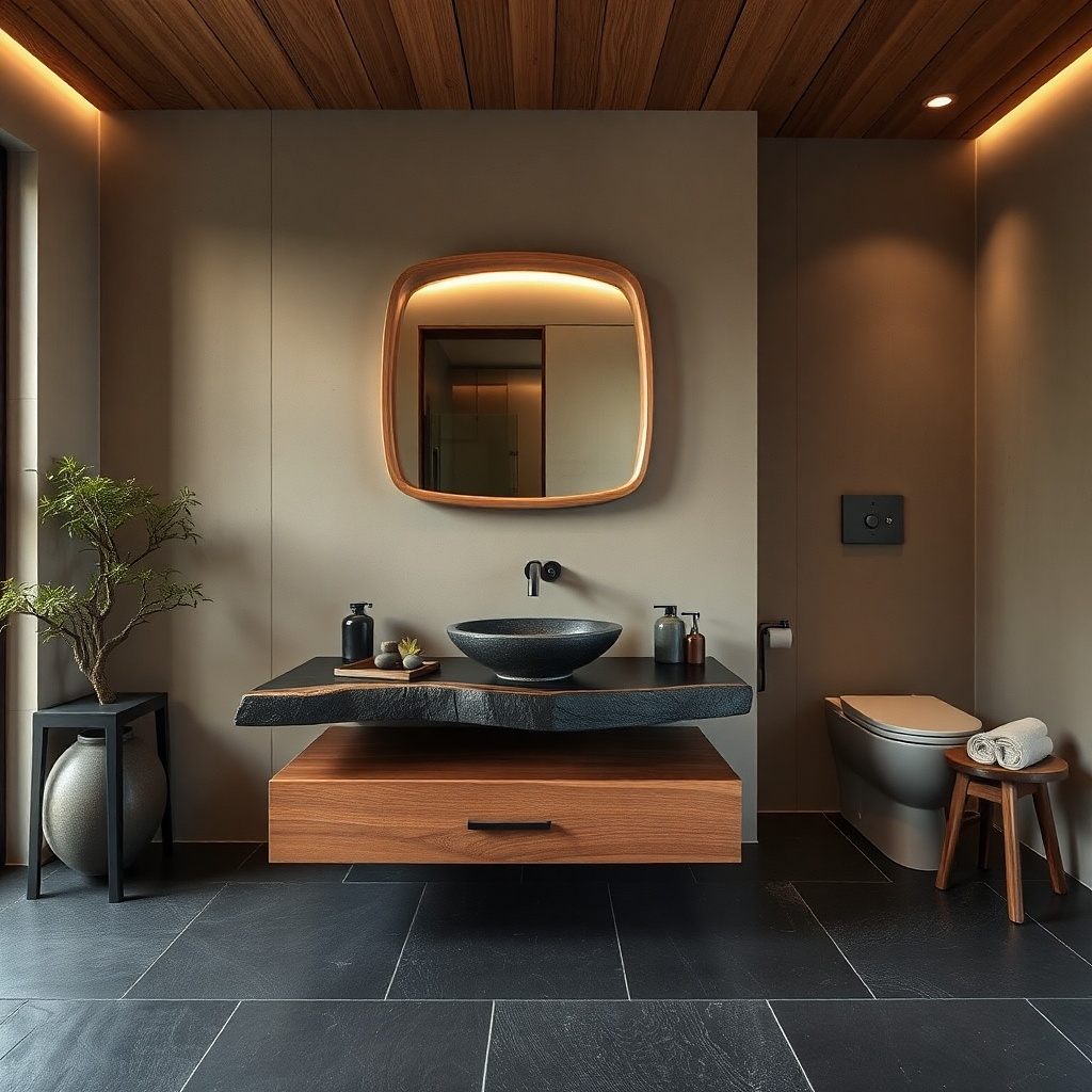 Black vanity with white subway tile backsplash and matte brass faucet