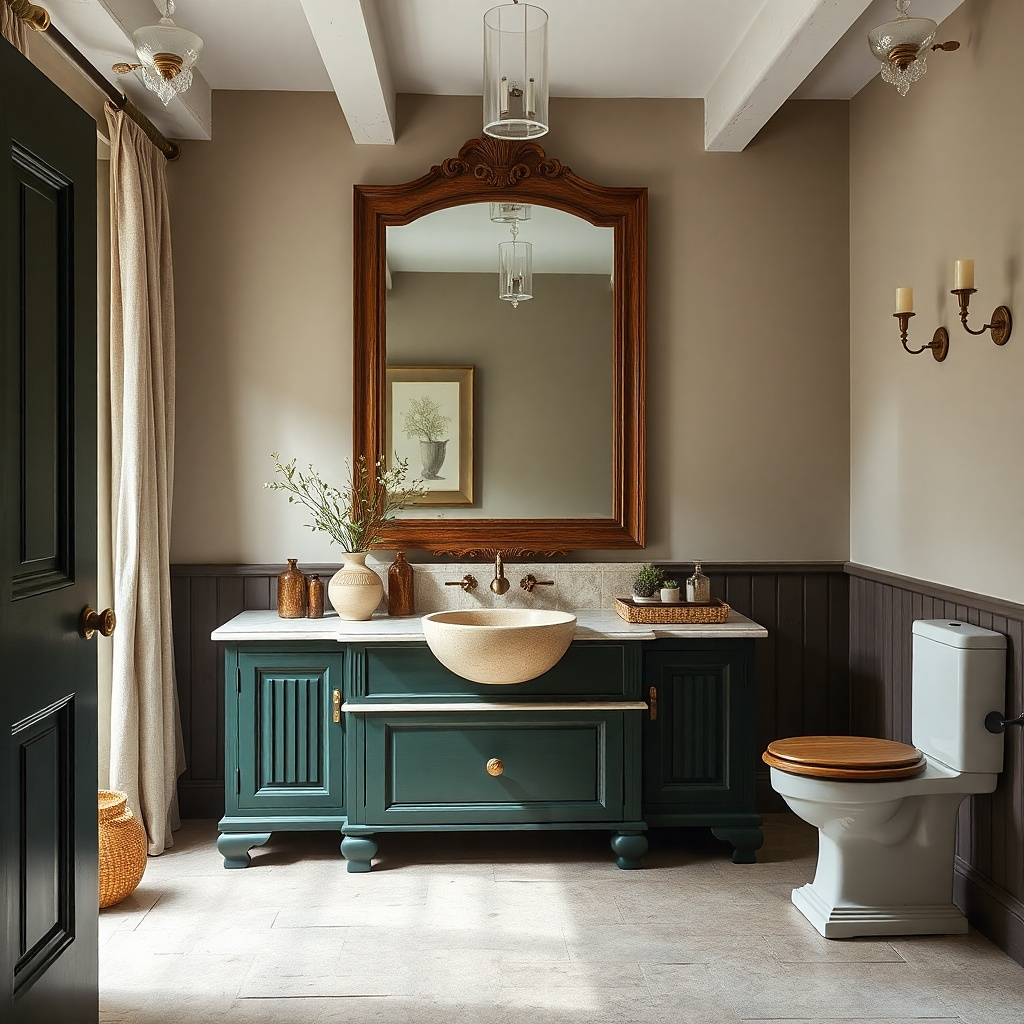 Dark green vanity with pale limestone countertop and antique brass knobs