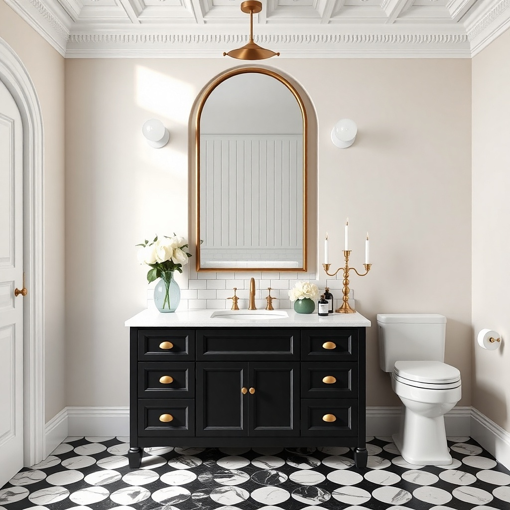 Textured matte black vanity with light oak framed mirror and brushed brass accents