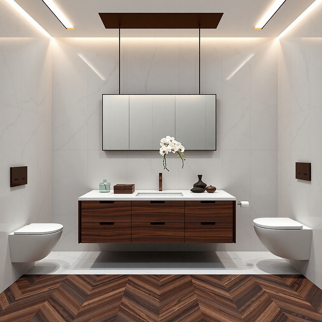 Dark walnut vanity with slim waterfall-edge white countertop and black hardware