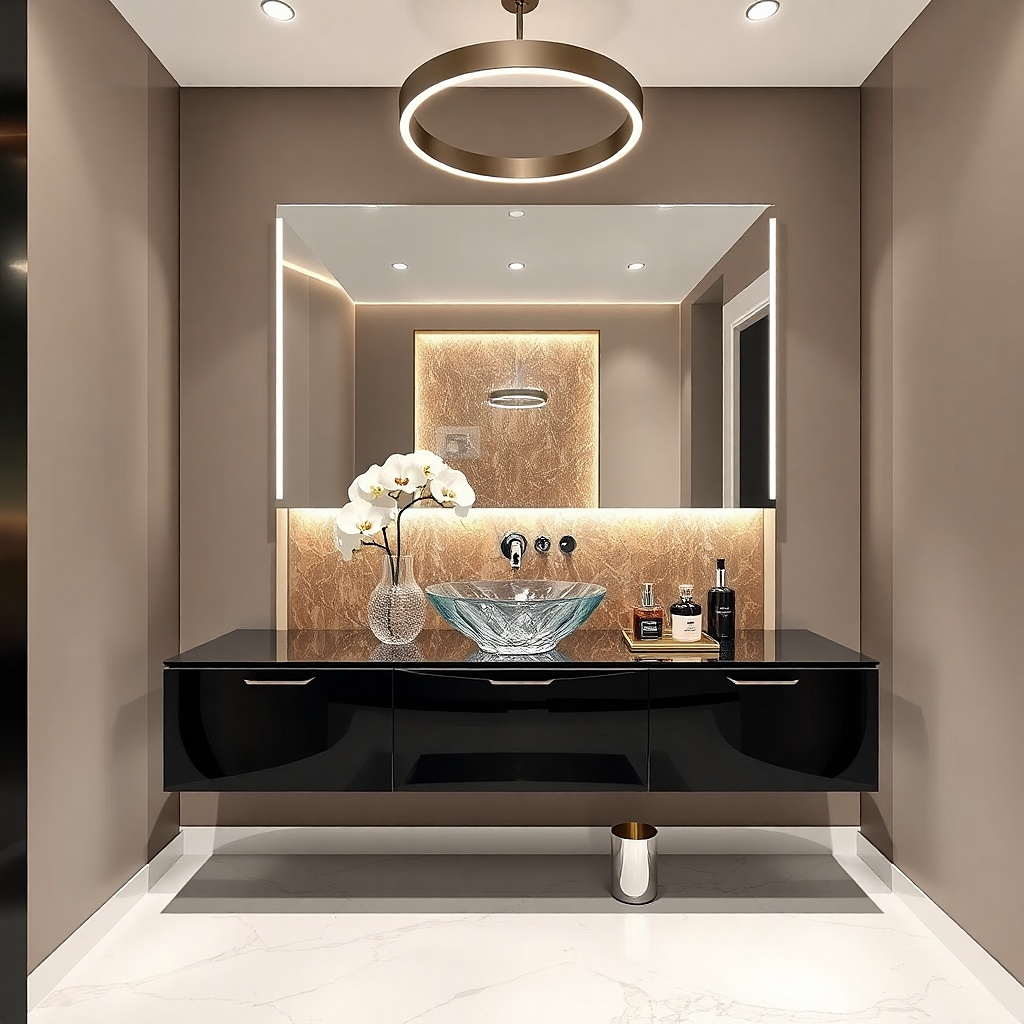 Black vanity with light glass tile backsplash and bright mirror framing