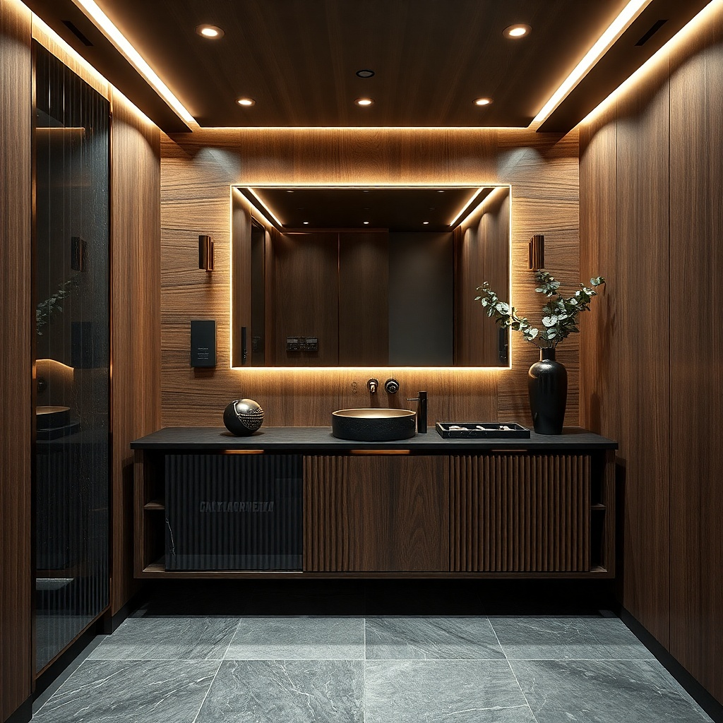 Smoked oak vanity with smoked glass doors and champagne bronze pulls