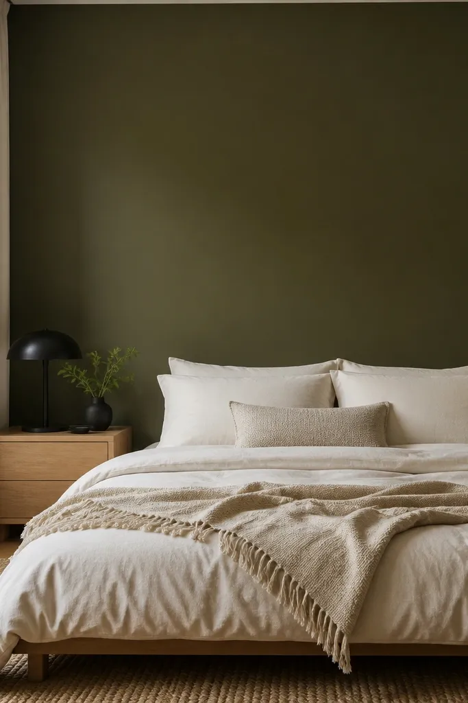 Dark olive accent wall behind a bed with warm white duvet and black bedside lamp