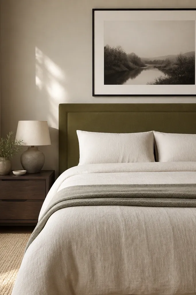Olive upholstered headboard with cream linen bedding and black framed wall art