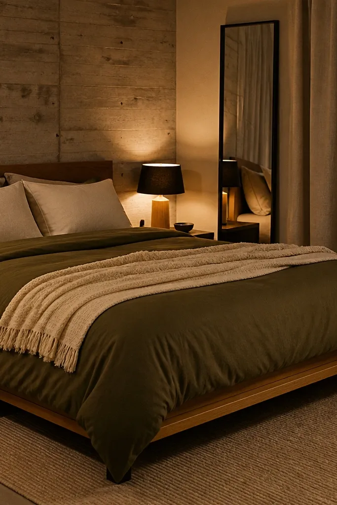 Dark olive duvet with off-white pillows and a simple black metal bedside lamp