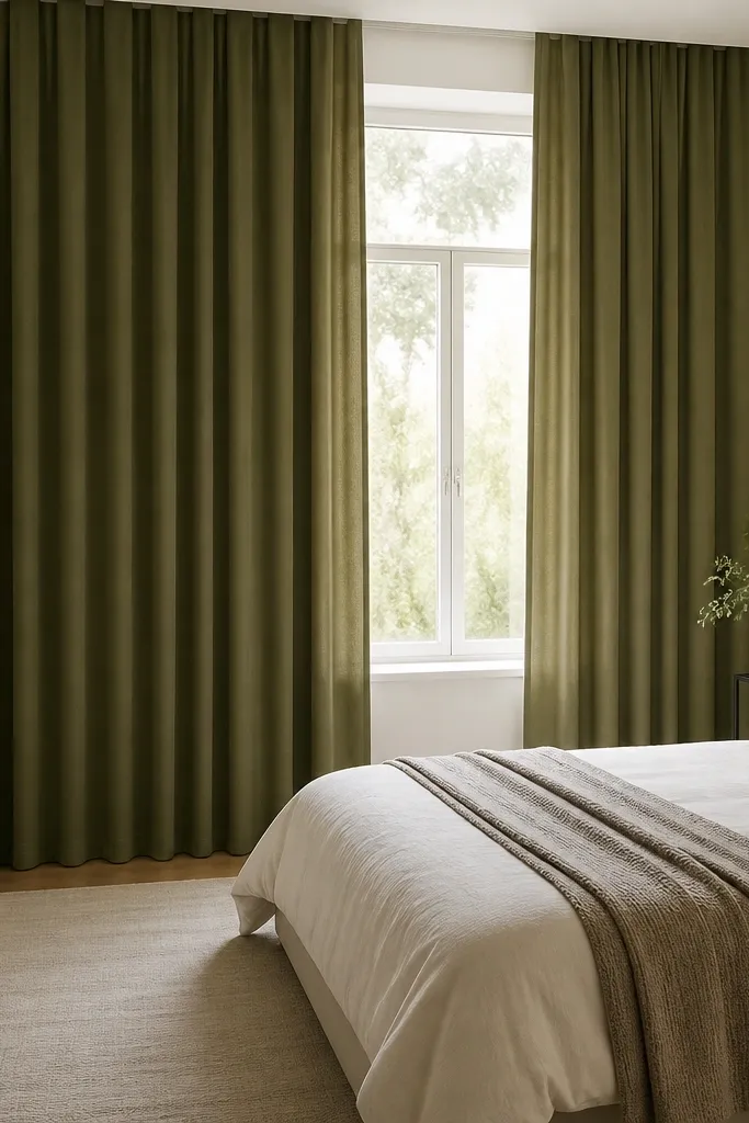 Olive floor-length curtains above a bed with warm white bedding and wood nightstand