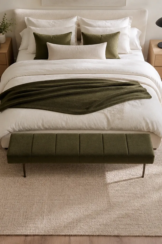 Warm neutral rug under bed with dark olive pillows and black bedside lamp