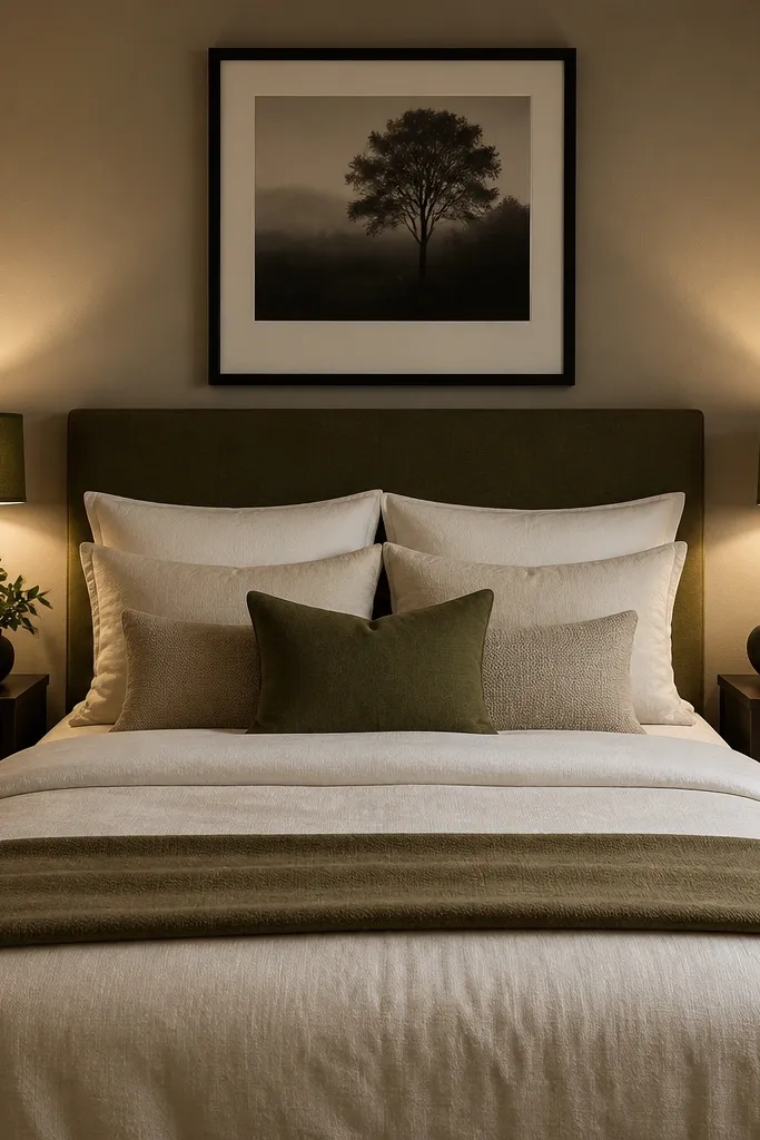 Black bedside lamps with dark olive shade and cream bedding