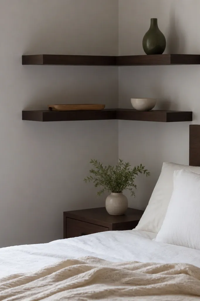 Dark wood floating shelves with a single olive vase and minimal decor