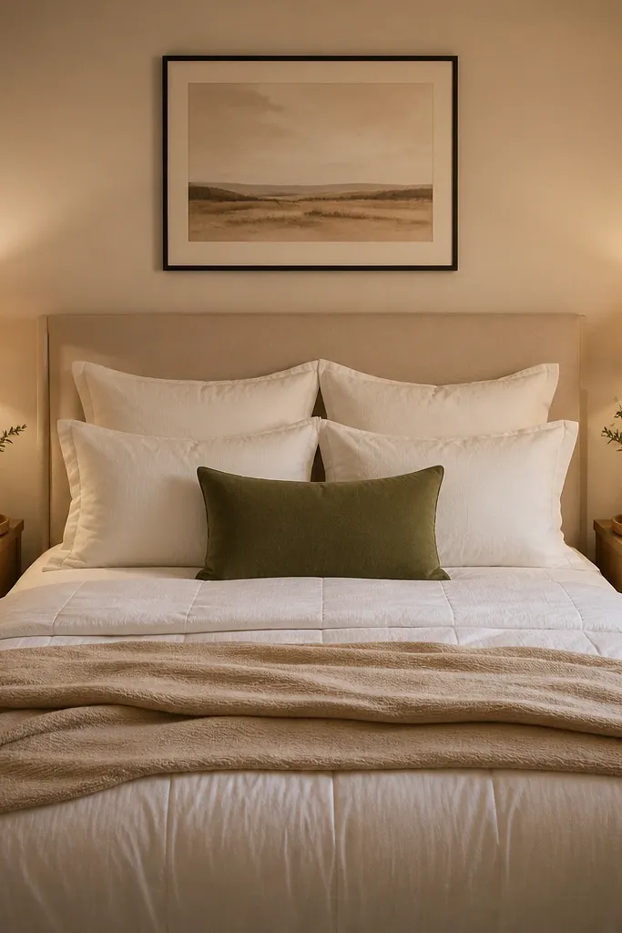 Two matching bedside trays with olive candle and warm white bedside styling