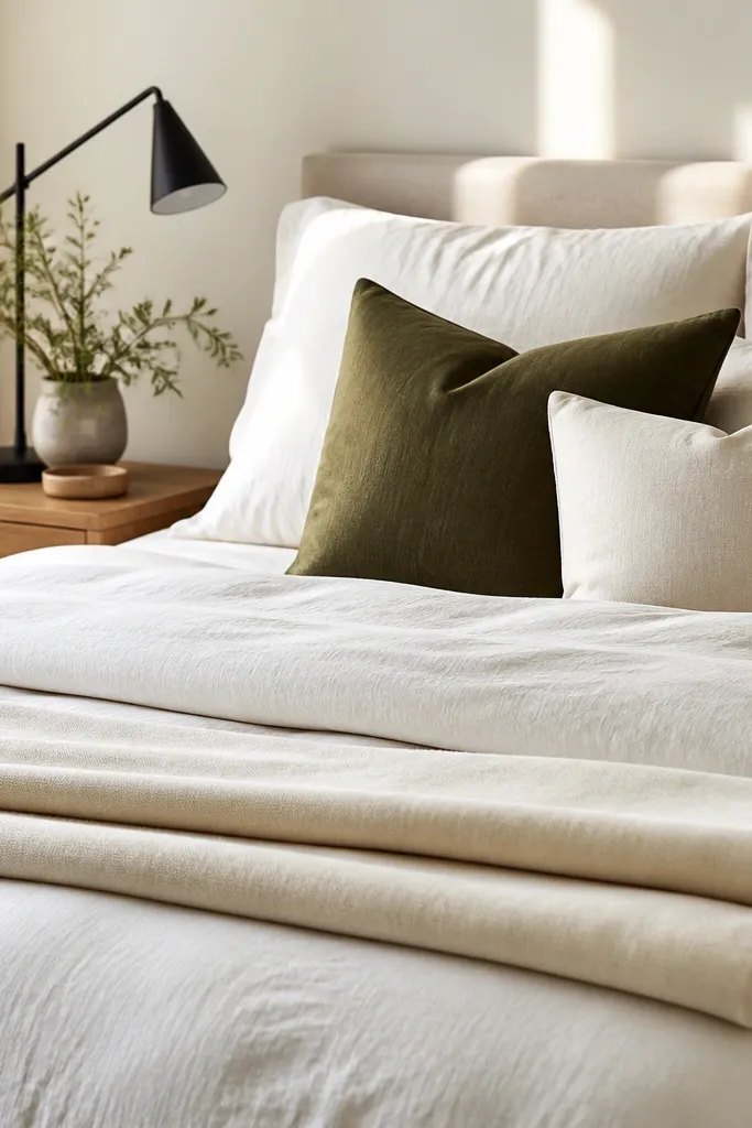 Olive and cream pillows on a bed with a neatly folded cream throw at the foot
