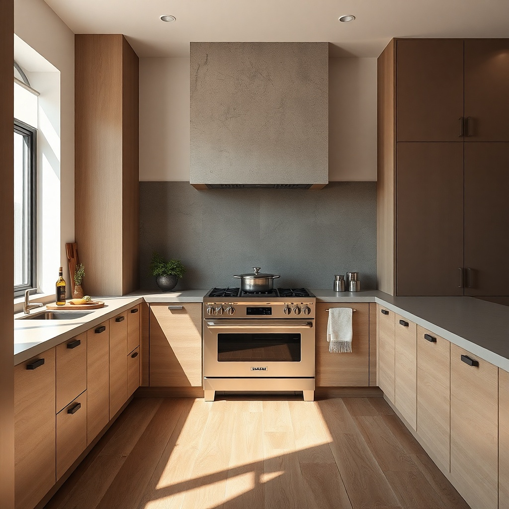 White Dekton counters beside a range with cast iron pans