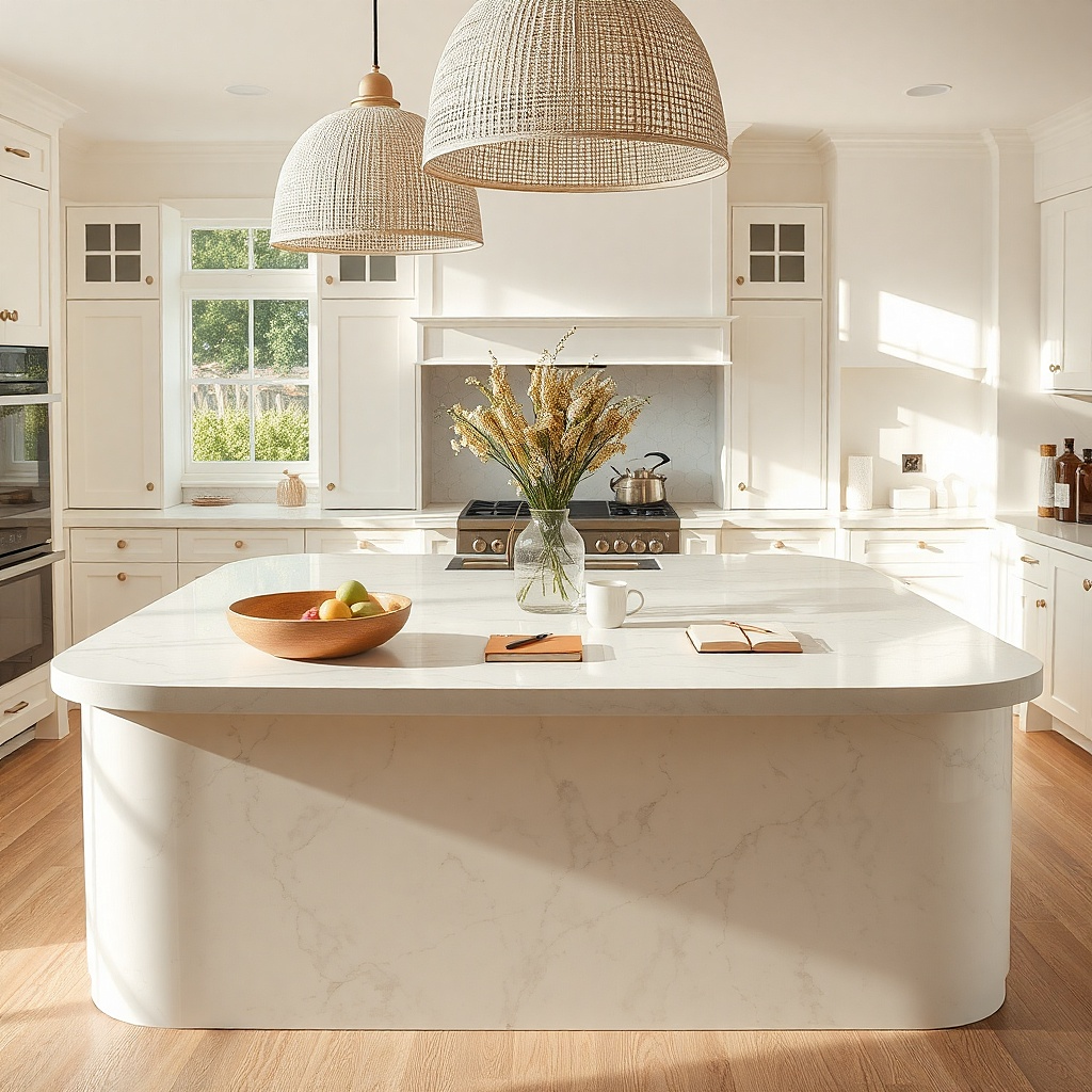 Warm white quartz countertop with wood stools in a family kitchen