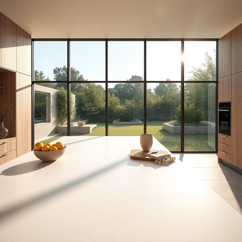 Light grey Dekton countertop beside tall sunlit kitchen windows