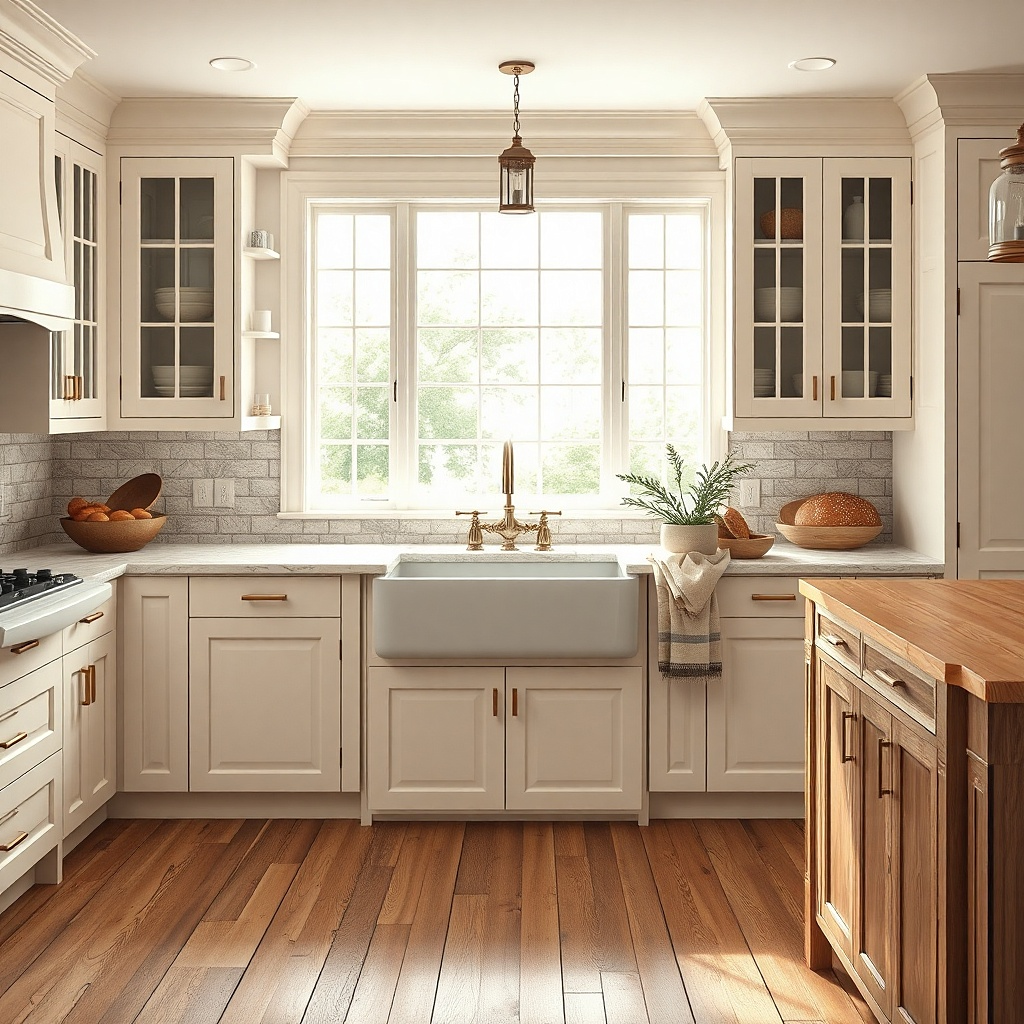 Marble-look quartz counter with cream cabinets and brass hardware