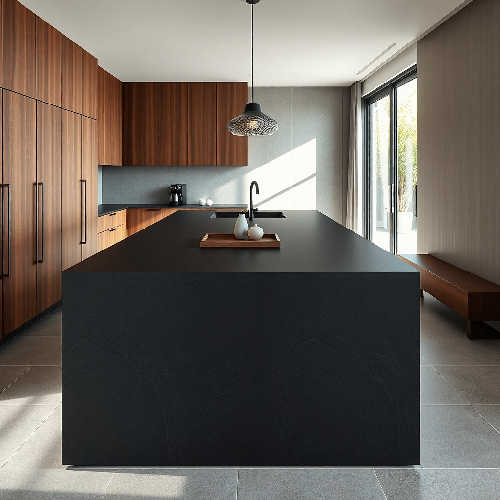 Thin dark Dekton waterfall island in a modern kitchen