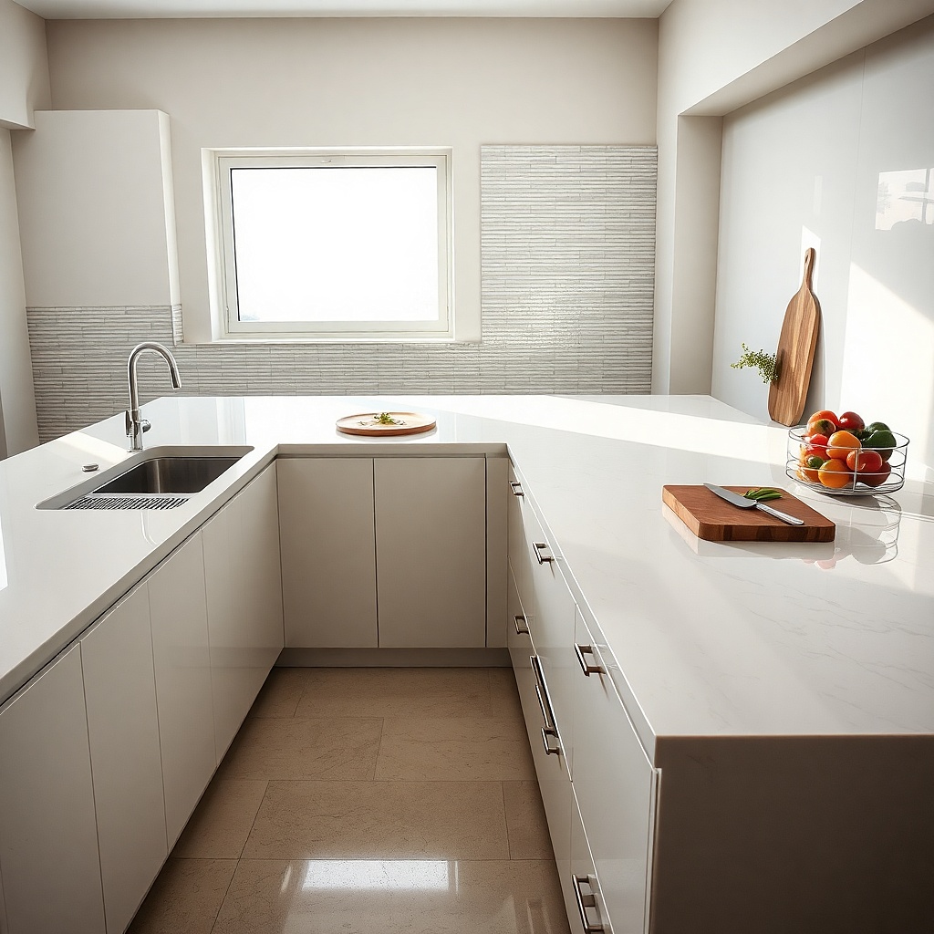 Quartz countertop around an undermount sink with dishes nearby
