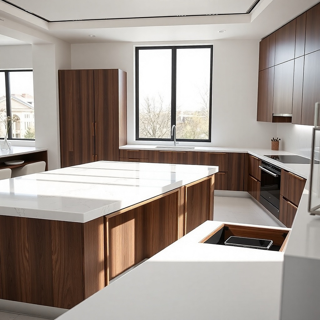 Affordable white quartz counters in a simple shaker kitchen