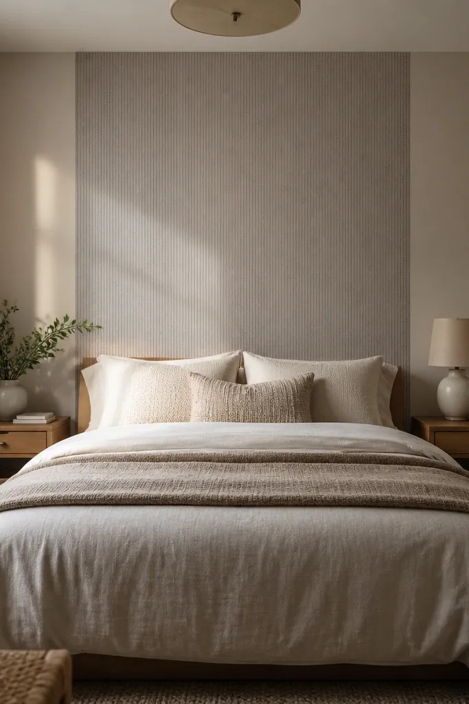 Peel-and-stick wallpaper panel behind a bed with warm bedding and a simple lamp.