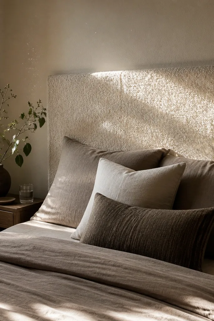 A padded fabric headboard panel mounted on the wall behind a bed.