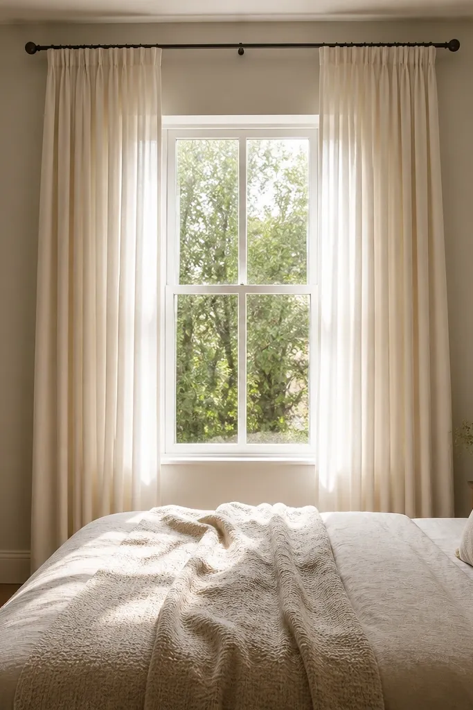 Curtains hung above a small window with warm bedding and soft lighting.