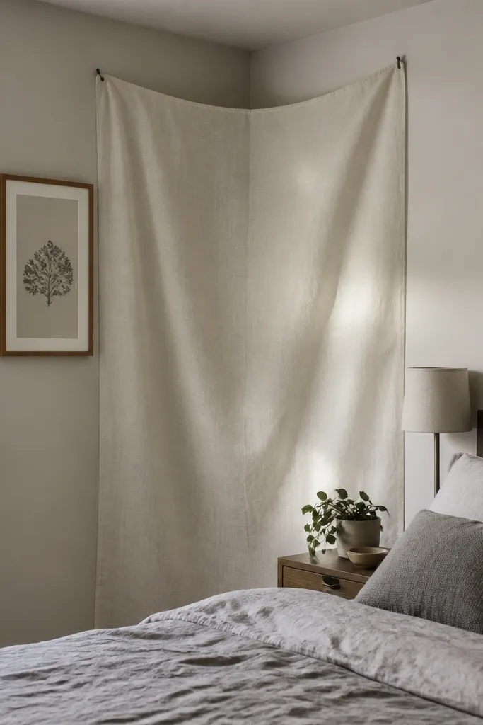 A linen-look fabric drape hung on hooks along one wall near the bed.