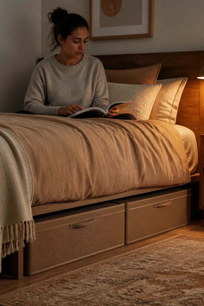 Under-bed storage covered with fabric panels in a warm neutral tone.