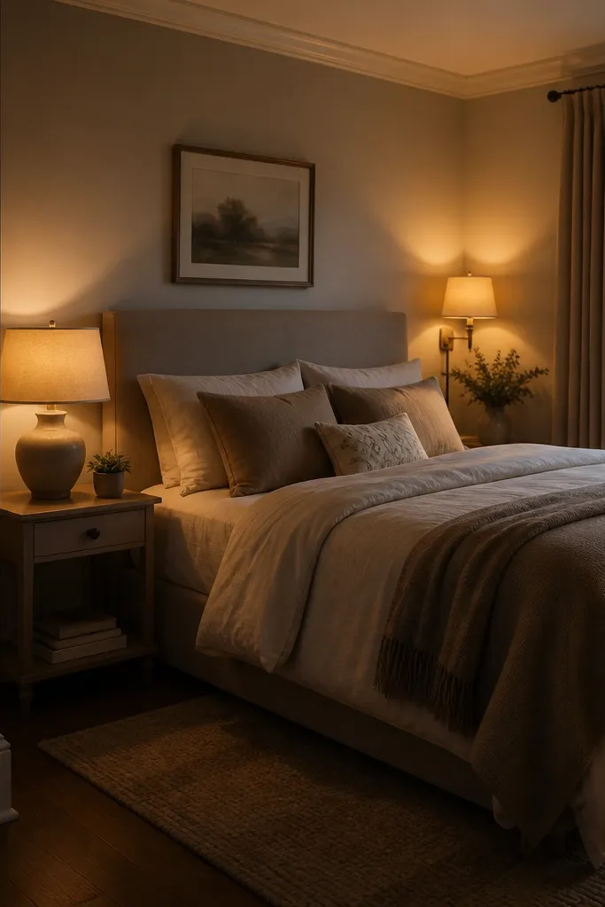 A bedside lamp and a second light higher on a wall or shelf with warm shades.