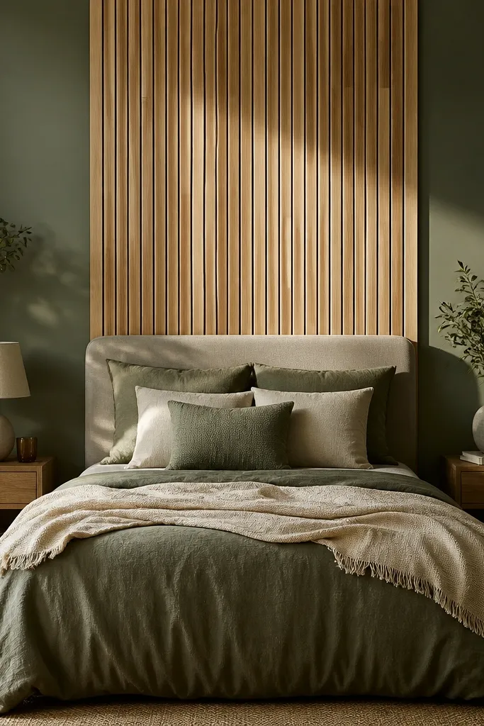 Thin wood slats arranged behind a bed in a centered vertical strip.
