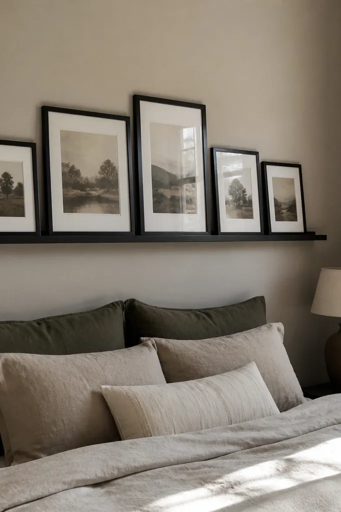 A small picture ledge holding framed prints above a bed with matching frames.